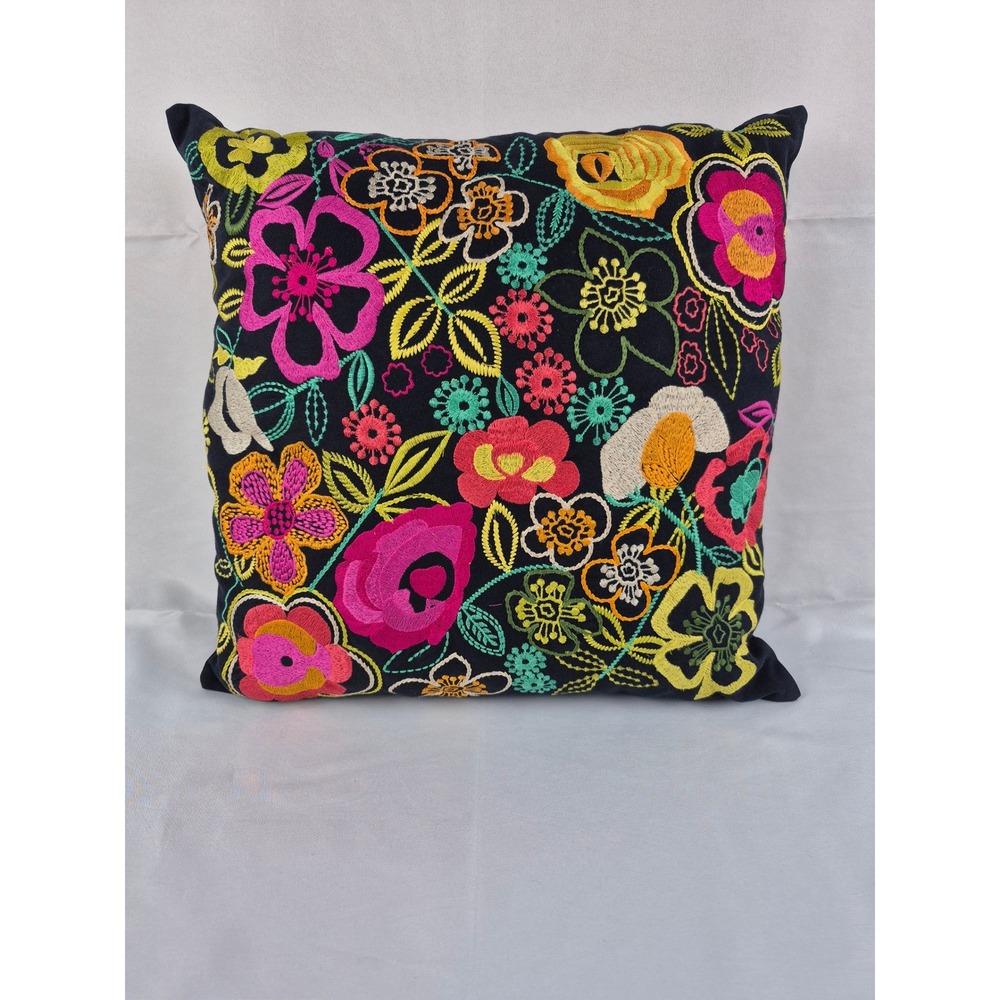 Nur Embroidered Floral Pillow Boho Black‎ Multicolor India Throw Cushion 16"